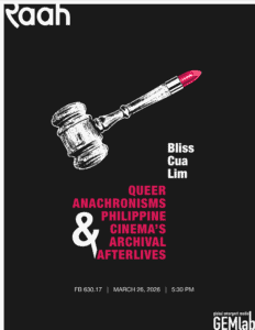 Poster featuring black and white image of a gavel, but the end of its handle transforms into a pinkish red lipstick. Below it is the title of the talk written in pink against a black background.