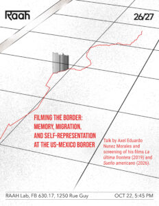 A line in red representing the US-Mexico border etched across a black and white check patterned background. 