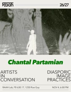 A long shot featuring a man filmed in negative image style framed against an imposing image of a bearded figure. Name of the artist Chantal Partamian and time and date of the event are written below. 