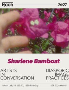A soft focused closeup of pink flowers with an outstretched hand on frame left. Name of the artist, Sharlene Bamboat and time and date of the event are written below. 